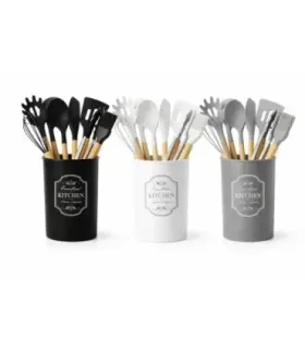Set 8 Utensili Cucina Silicone con Manico in Legno